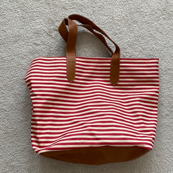 Handbags - Red and cream striped canvas tote bag